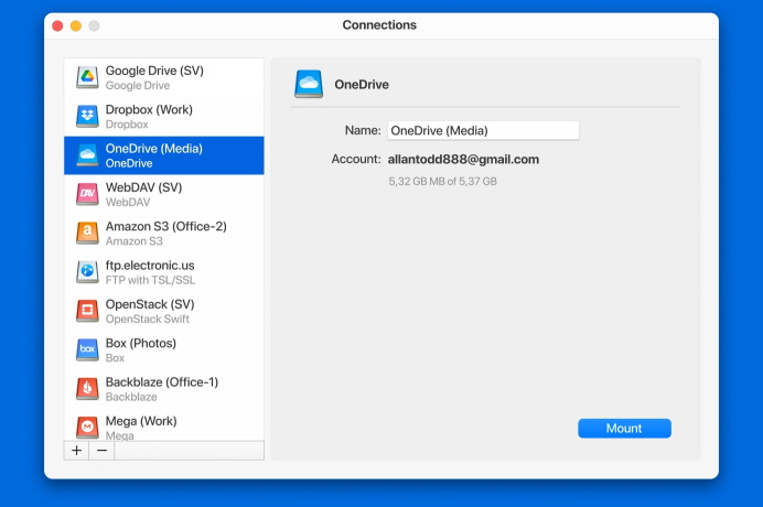 CloudMounter OneDrive connection screenshot