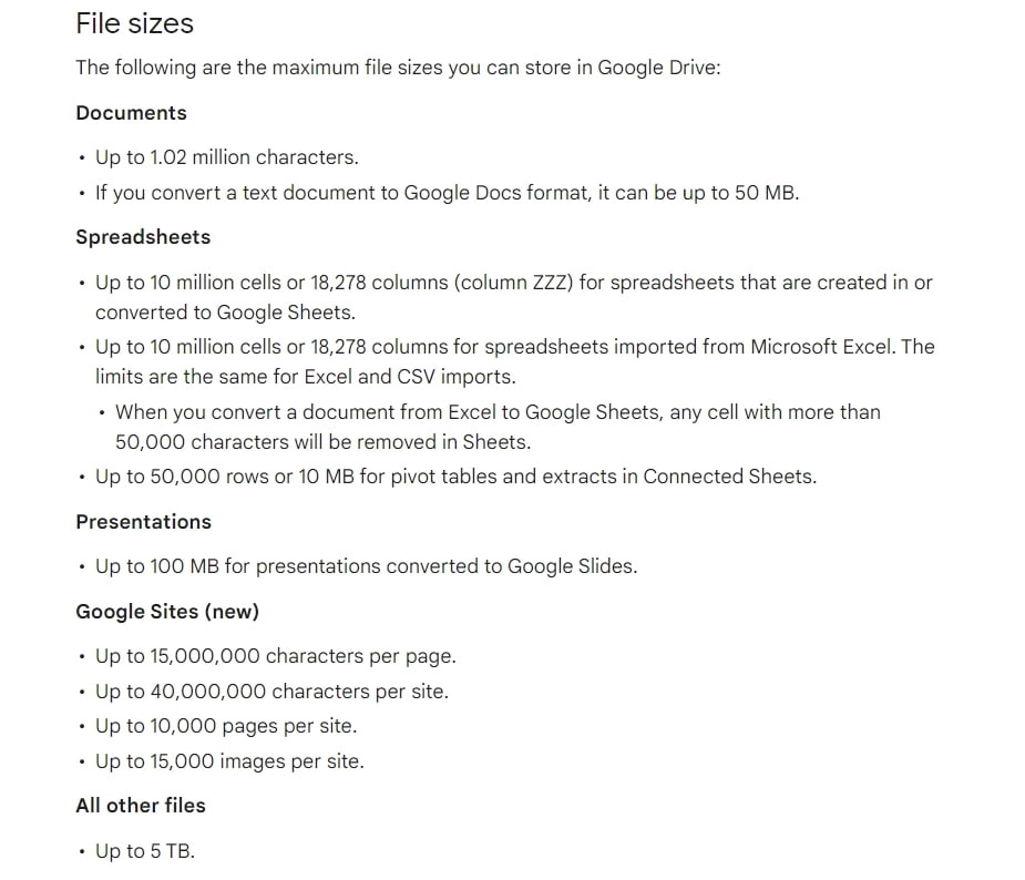 size limit on Google Drive