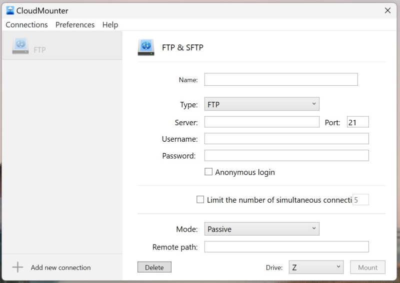 FTP setting in CloudMounter on Windows