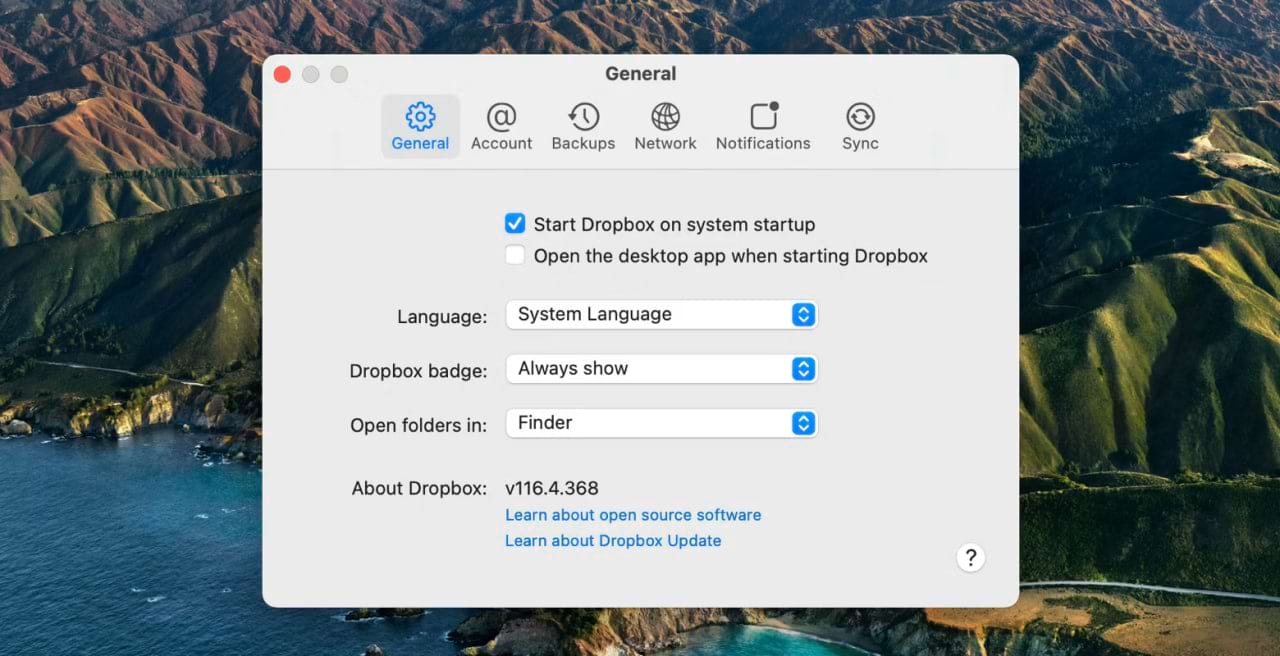 Dropbox desktop app preferences