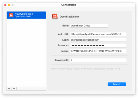 OpenStack Swift setting in CloudMounter on Mac