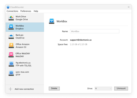 Dropbox setting in CloudMounter on Windows