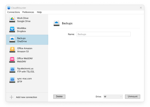 OneDrive setting in CloudMounter on Windows