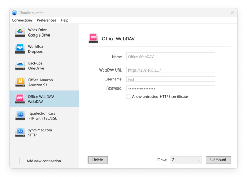 WebDAV setting in CloudMounter on Windows