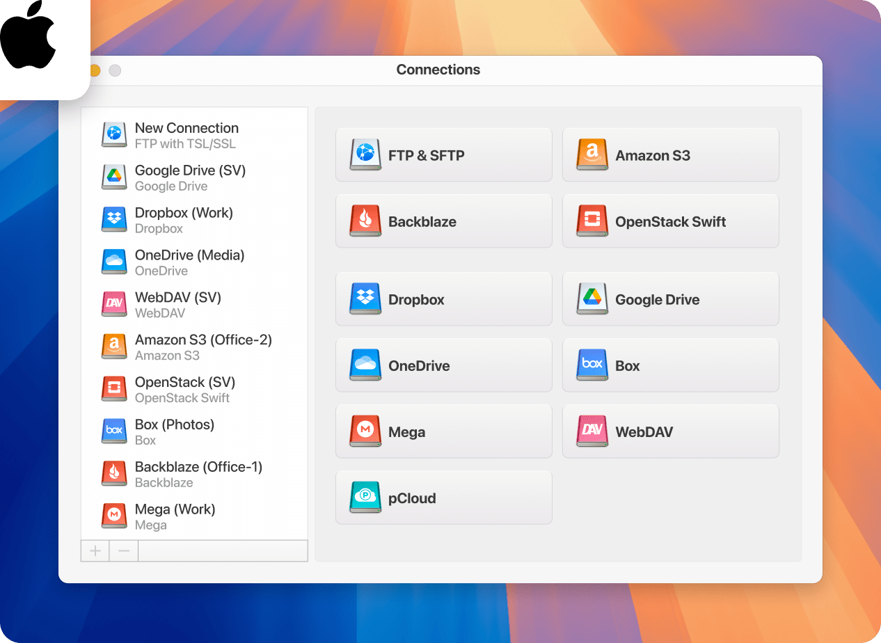 The connection list in CloudMounter on macOS