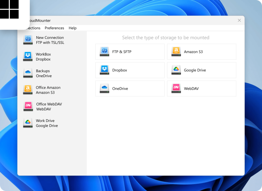 The connection box in CloudMounter on Windows