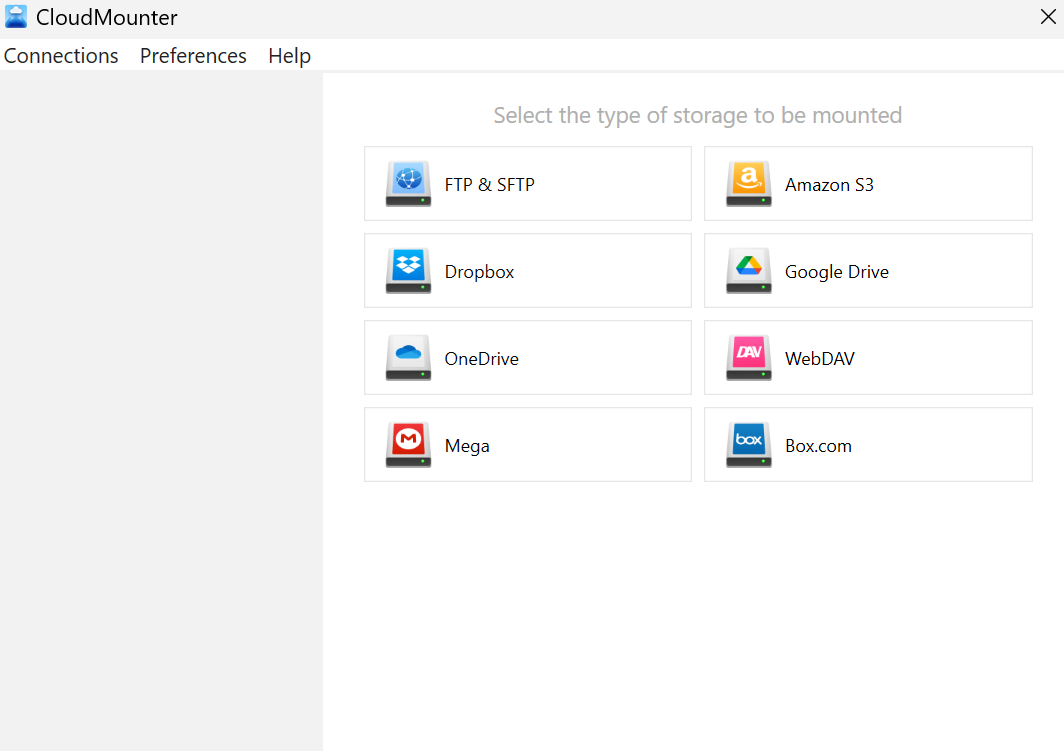 Choosing the FTP & SFTP icon in CloudMounter on Windows Selecting the SFTP connection in CloudMounter on Windows