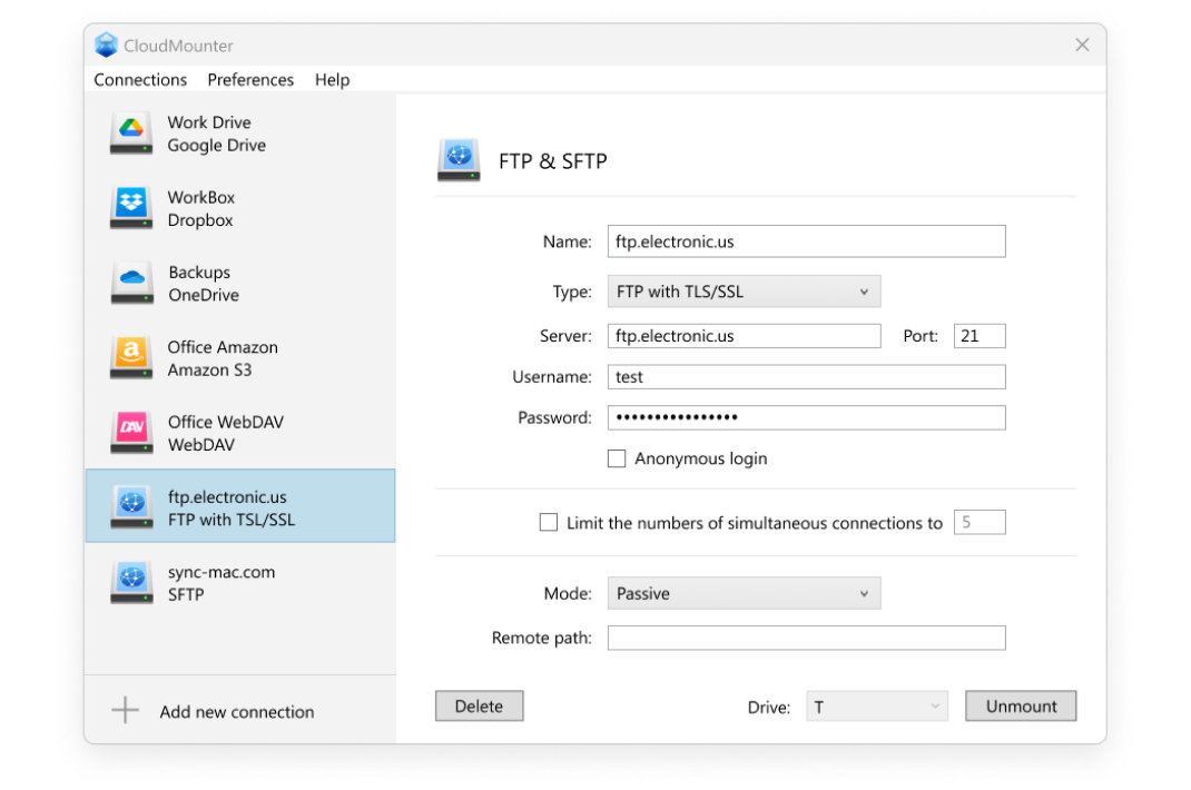 Setting up FTP server in CloudMounter on Windows PC FTP setting in CloudMounter on Windows