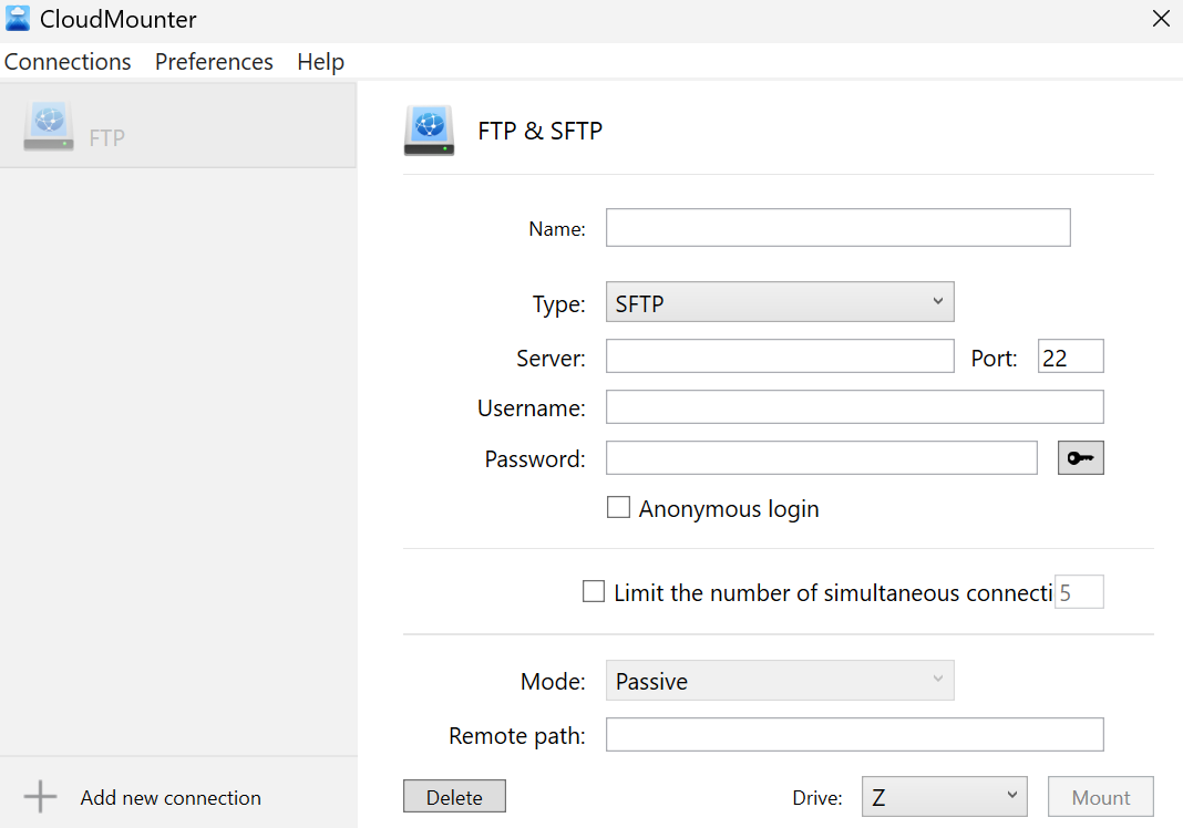 Setting up an SFTP server in CloudMounter on Windows PC SFTP setting in CloudMounter on Windows