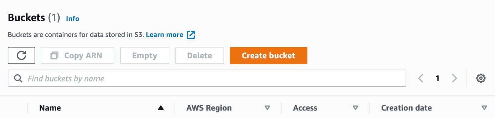 The Buckets page on an AWS S3 site