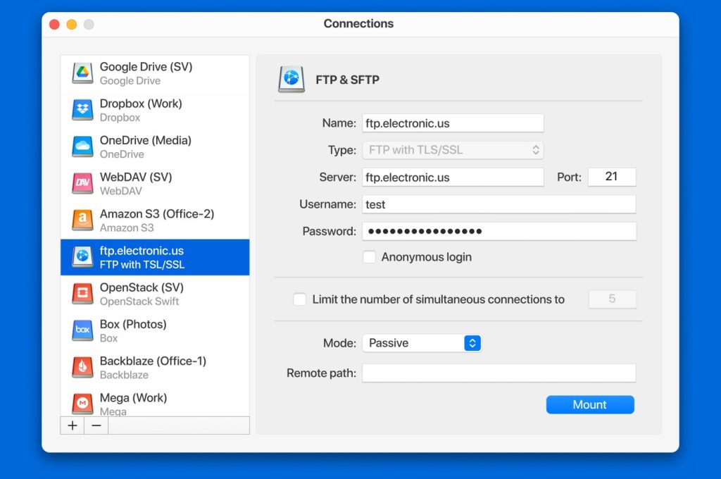Enter the FTP details to set up the connection on macOS The FTP credentials for setting up the connection on Mac