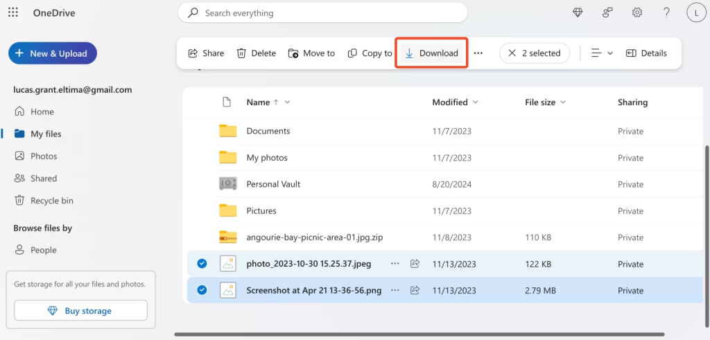 The Download button from the top menu on the OneDrive website File saving to local disks on the OneDrive website