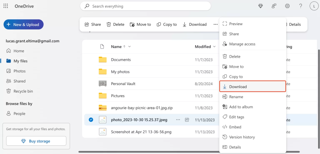 The Download button in the OneDrive website File downloading to local disc on the OneDrive website