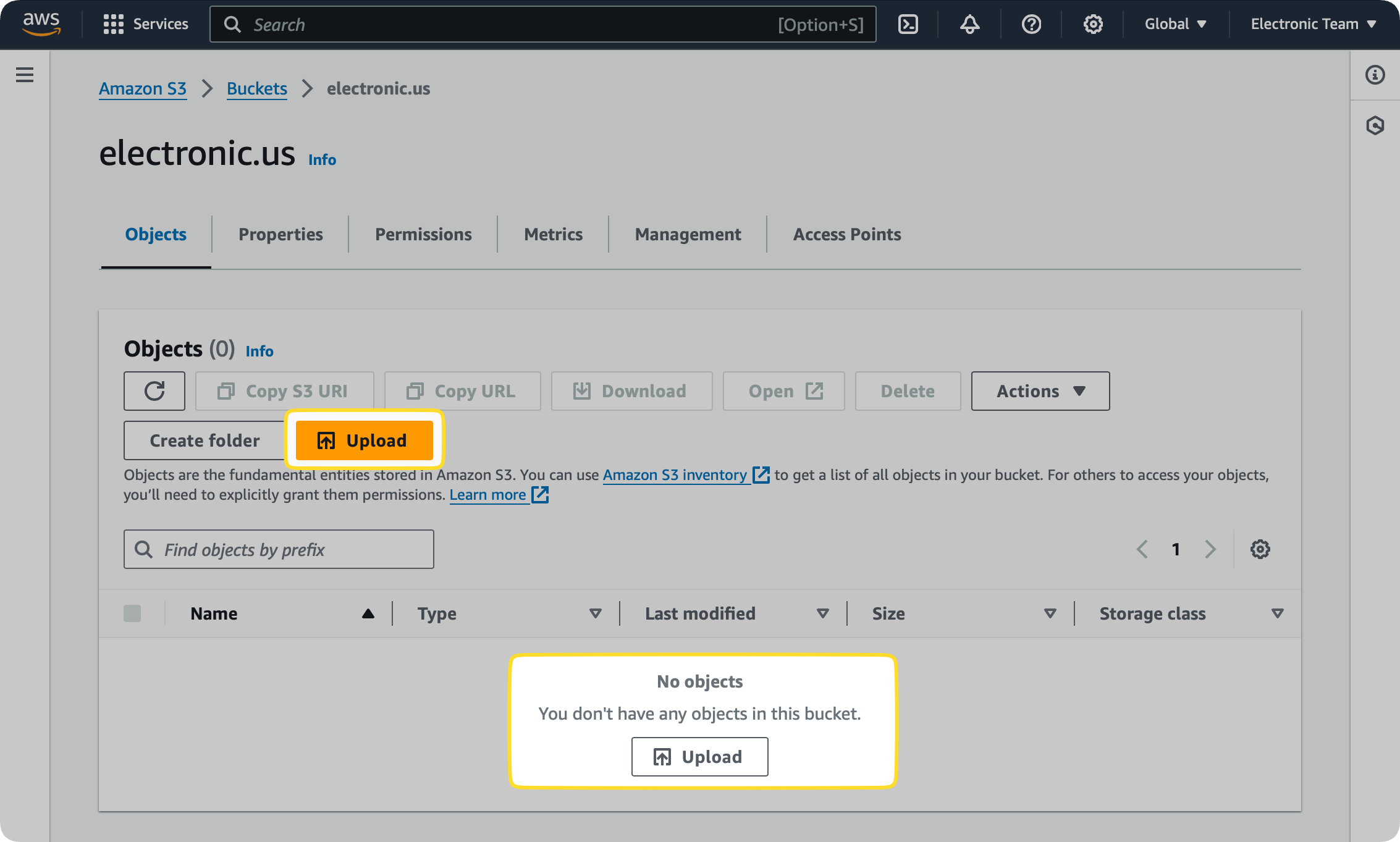Upload objects from AWS S3 bucket