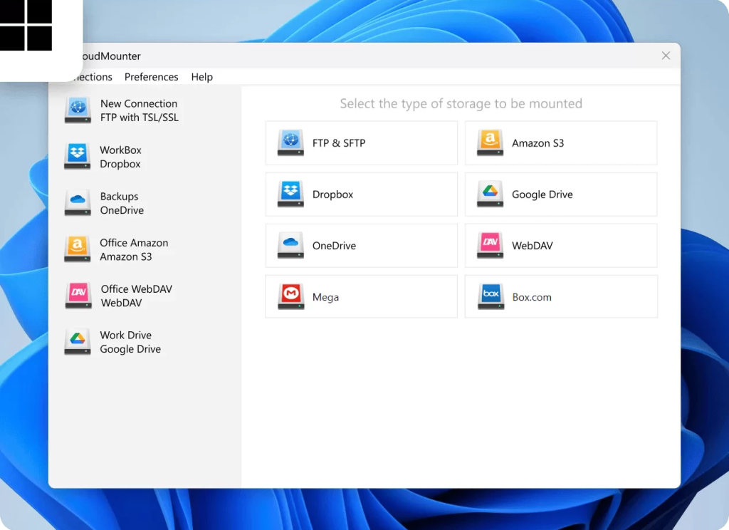 Connection to FTP or OneDrive via CloudMounter on Windows Select both connections in CloudMounter on Windows