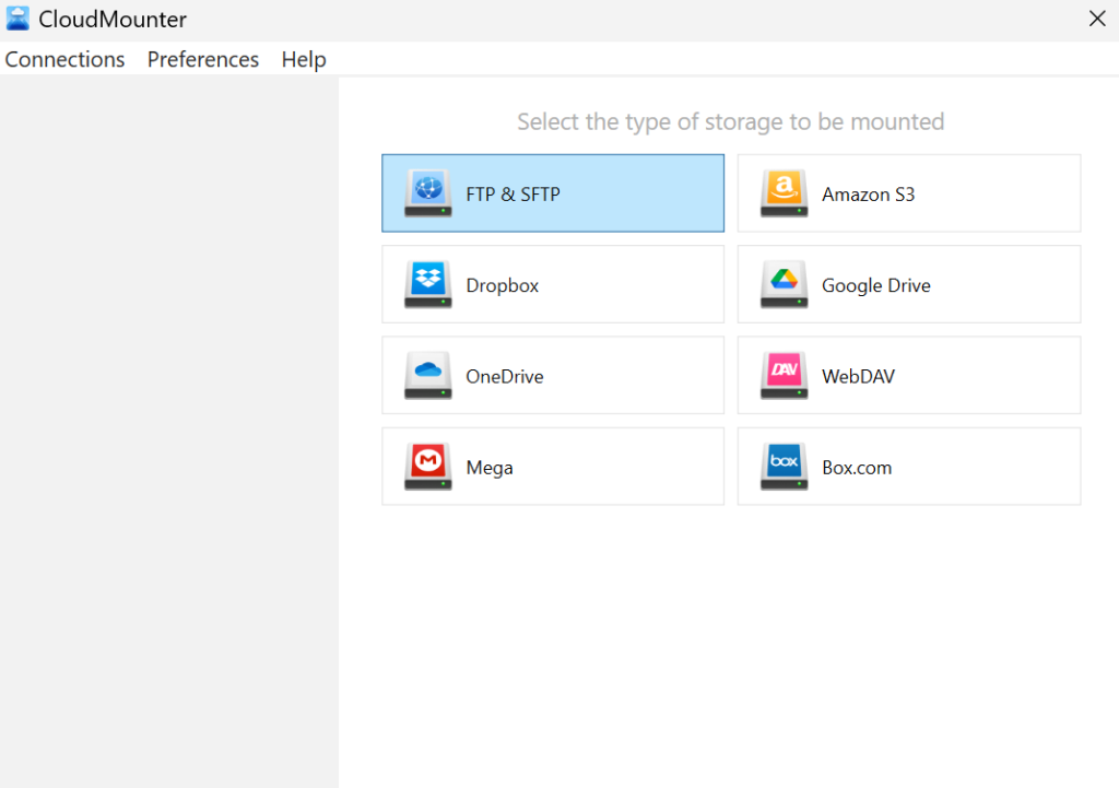 Choosing of Dropbox and FTP in CloudMounter on Windows Select a connection type in CloudMounter on Windows PC