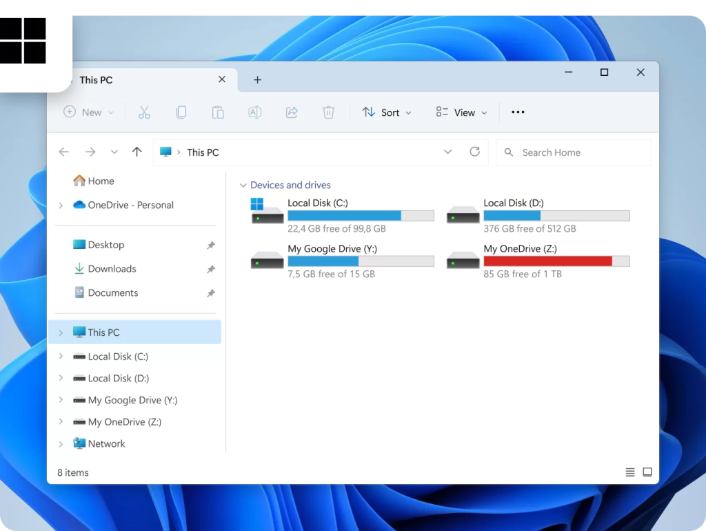 OneDrive and Google Drive in File Explorer on PC