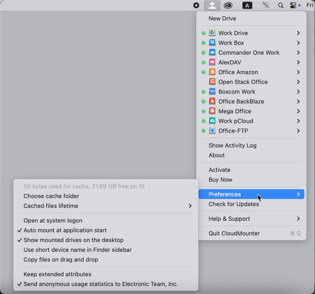 Preferences in the CloudMounter menu on macOS